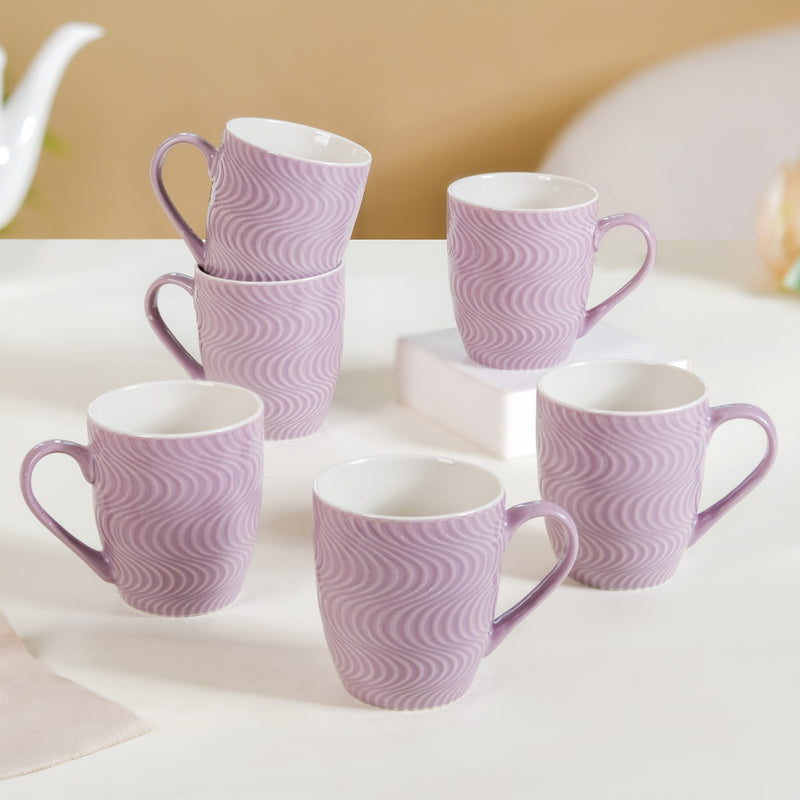 Set of 6 Waves Lavender Coffee Mug 230ml - Coffee mugs, ceramic mugs, coffee mug set, textured coffee mugs