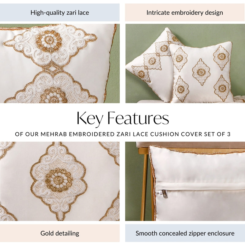Mehrab Embroidered Zari Lace Cushion Cover Set Of 3