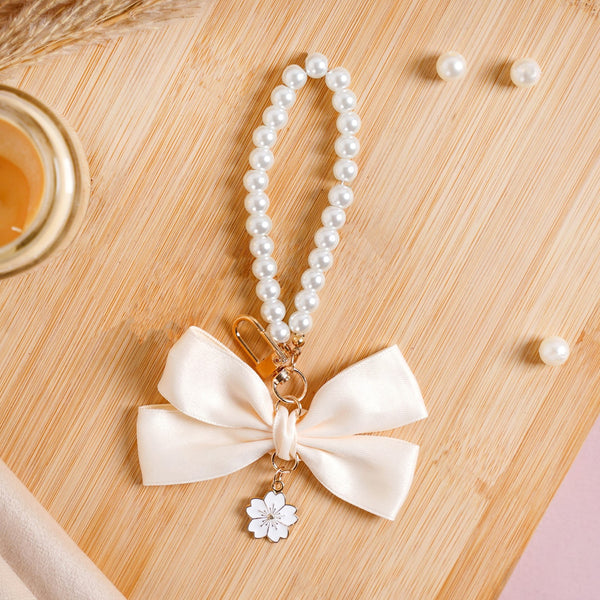 Whimsical Satin Bow And Pearl Keychain