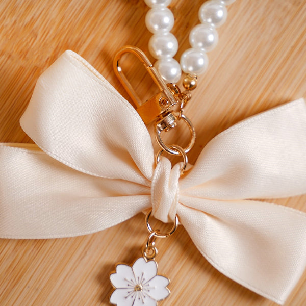 Whimsical Satin Bow And Pearl Keychain