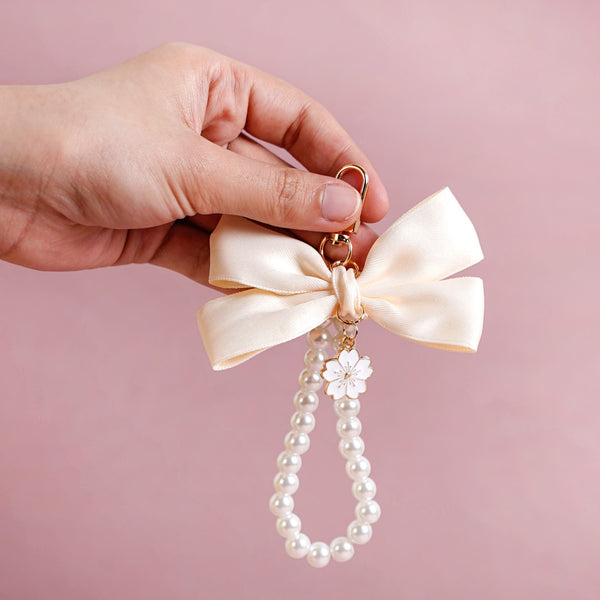 Whimsical Satin Bow And Pearl Keychain