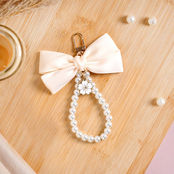 Whimsical Satin Bow And Pearl Keychain