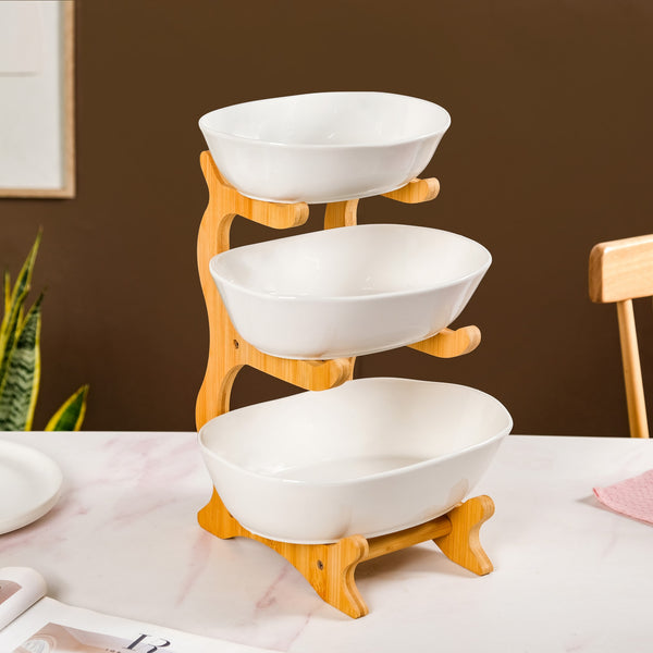 White 3 Tier Ceramic Fruit Bowl With Stand