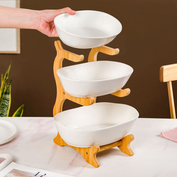 White 3 Tier Ceramic Fruit Bowl With Stand