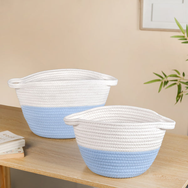 White And Blue Rope Basket Set Of 2 20cm And 18cm
