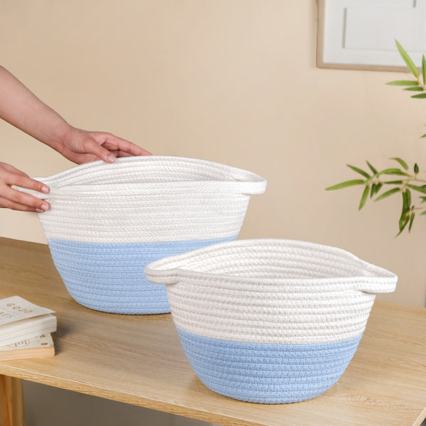 White And Blue Rope Basket Set Of 2 20cm And 18cm