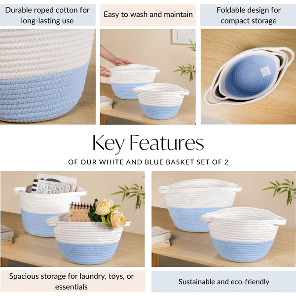 White And Blue Rope Basket Set Of 2 20cm And 18cm