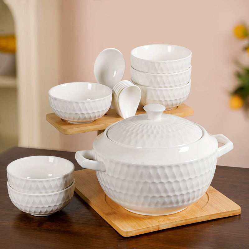 White Ceramic Pot And Bowl Set With Spoons And Wooden Stand