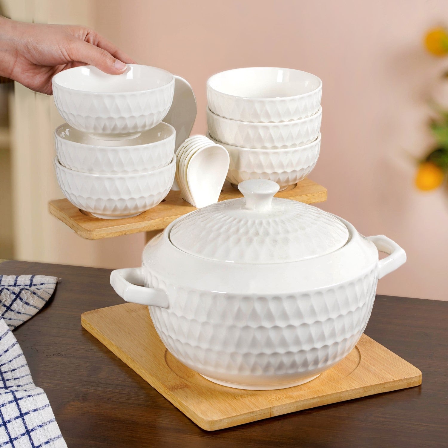 White Ceramic Pot And Bowl Set With Spoons And Wooden Stand