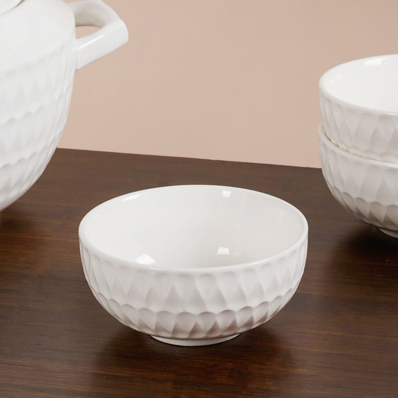 White Ceramic Pot And Bowl Set With Spoons And Wooden Stand