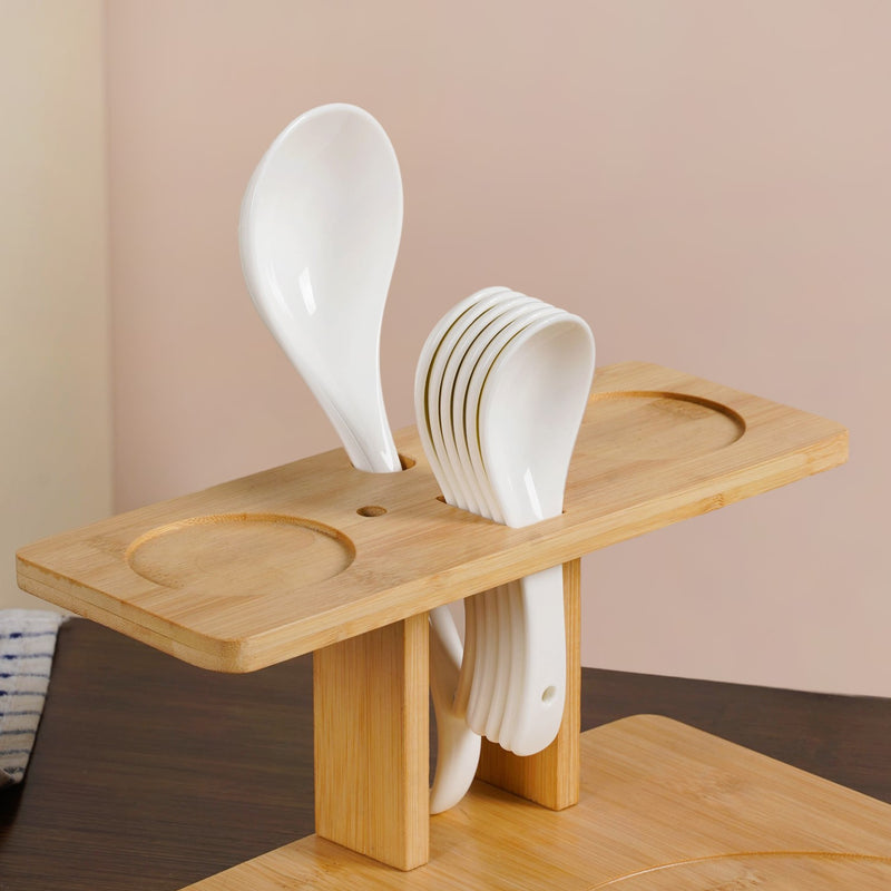 White Ceramic Pot And Bowl Set With Spoons And Wooden Stand