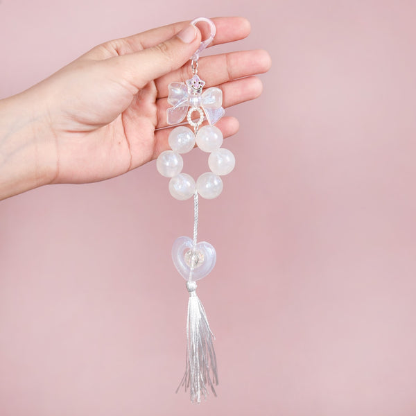 White Lustre Hoop Keyring With Tassel