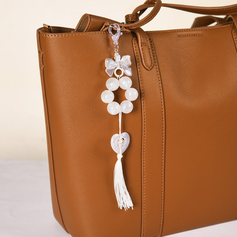 White Lustre Hoop Keyring With Tassel