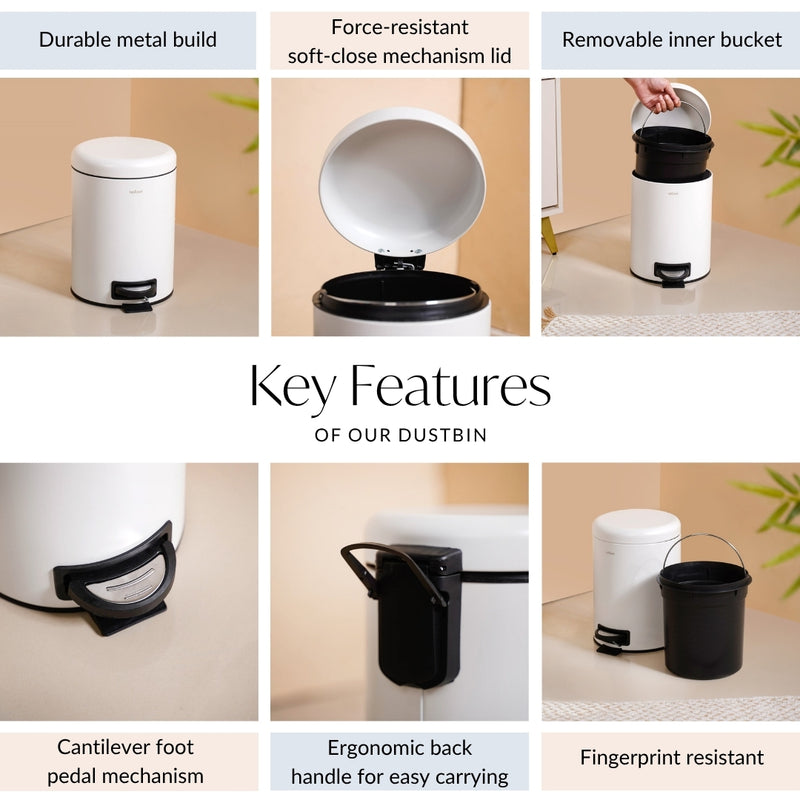 White Metal Dustbin With Removable Bucket 5000ml
