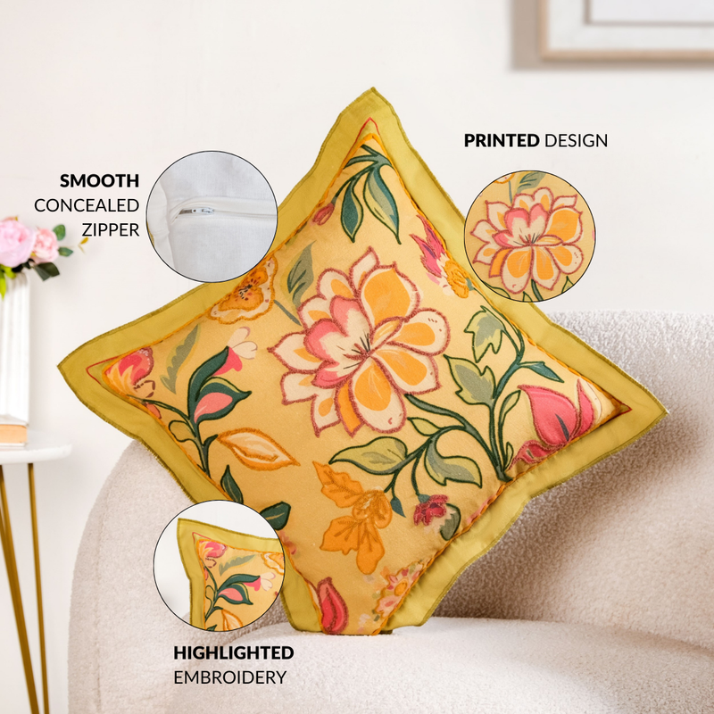 Wild Petals Embroidered Cotton Cushion Cover 40x40cm