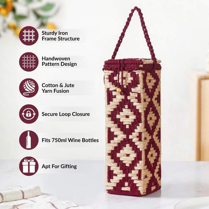 Wine Bottle Holder Handwoven Box Jute Maroon