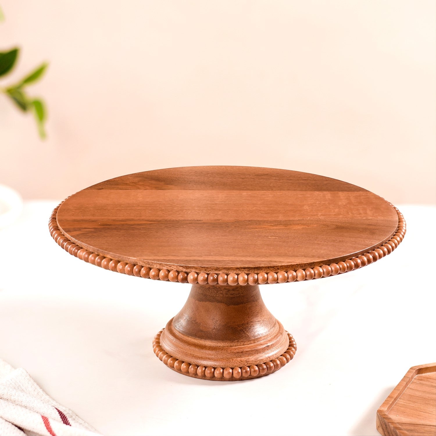 Natural Acacia Wood Beaded Cake Stand