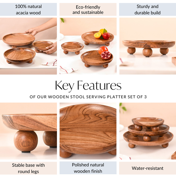 Wooden Round Serving Platter Set Of 3