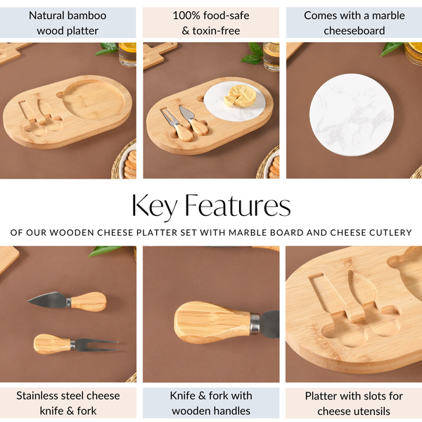 Wooden Cheese Platter Set With Marble Board And Cheese Cutlery