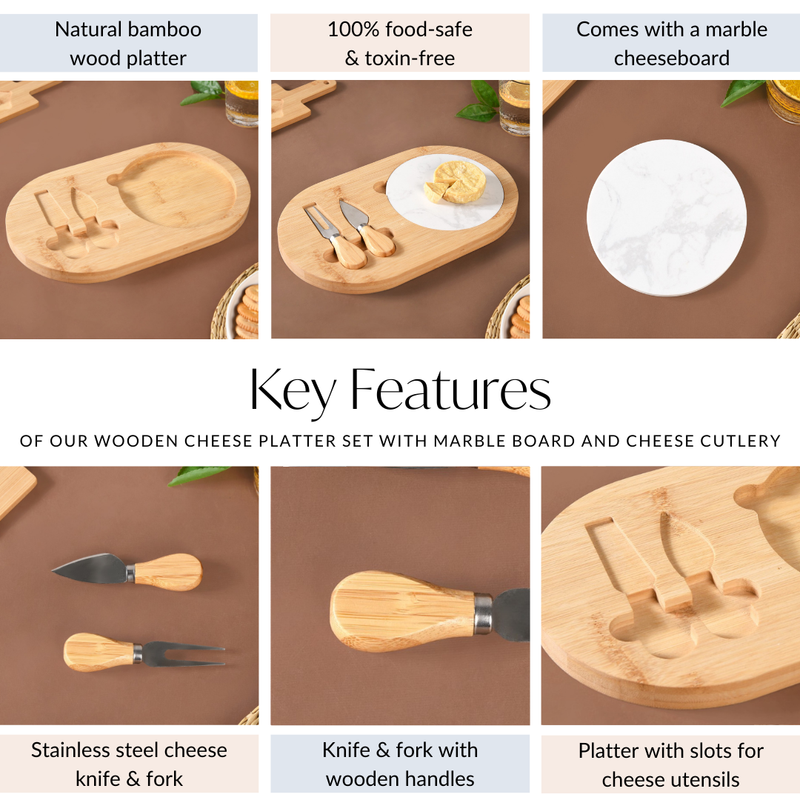 Wooden Cheese Platter Set With Marble Board And Cheese Cutlery