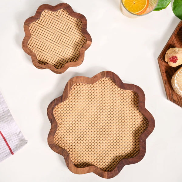 Flower Acacia Wooden Platter With Rattan Weave Set Of 2