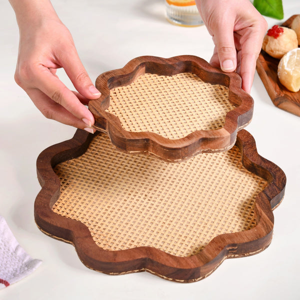 Flower Acacia Wooden Platter With Rattan Weave Set Of 2