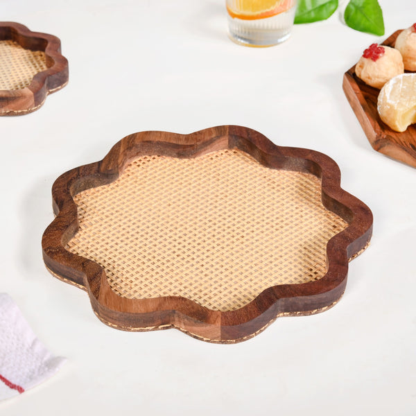 Flower Acacia Wooden Platter With Rattan Weave Set Of 2