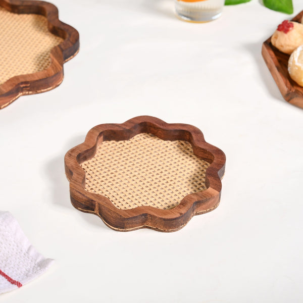 Flower Acacia Wooden Platter With Rattan Weave Set Of 2