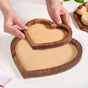 Set Of 2 Heart Wooden Platter With Organic Rattan Weave