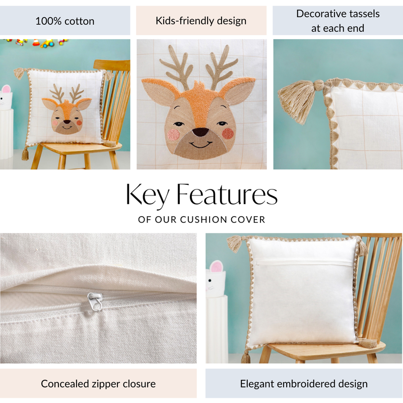 Woodland Deer Embroidered Cotton Kids Cushion Cover 42x42cm