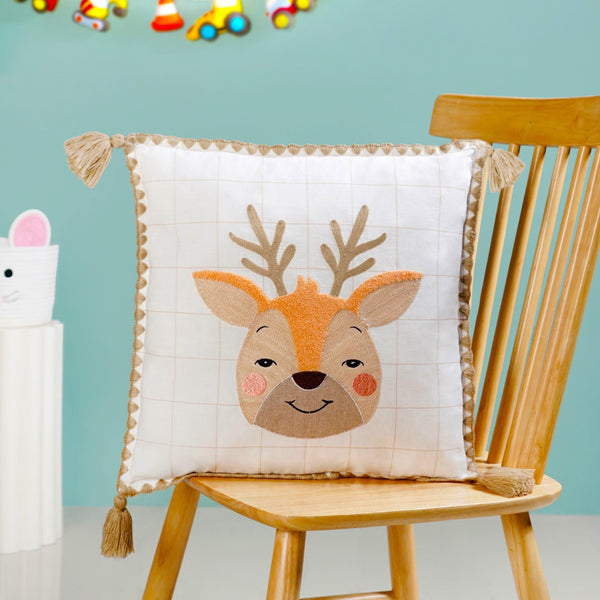 Woodland Deer Embroidered Cotton Kids Cushion Cover 42x42cm