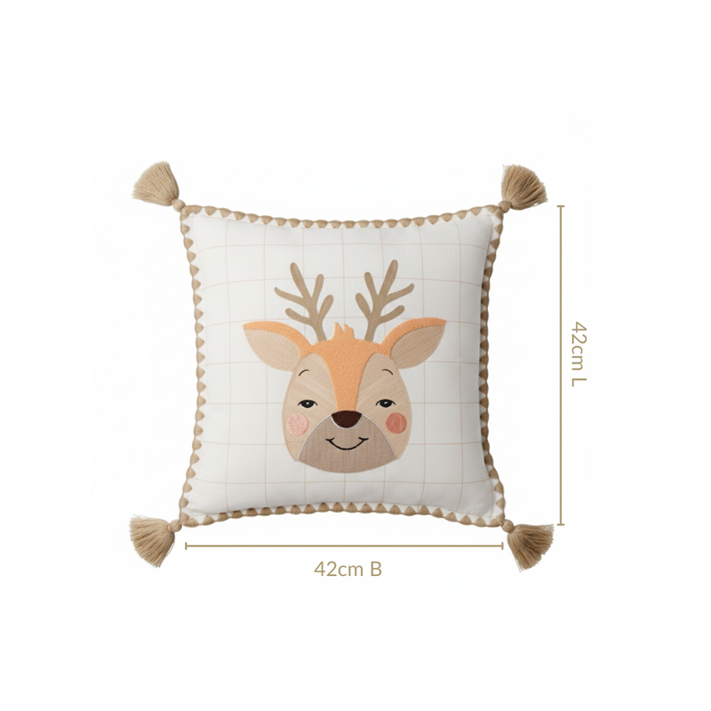 Woodland Deer Embroidered Cotton Kids Cushion Cover 42x42cm
