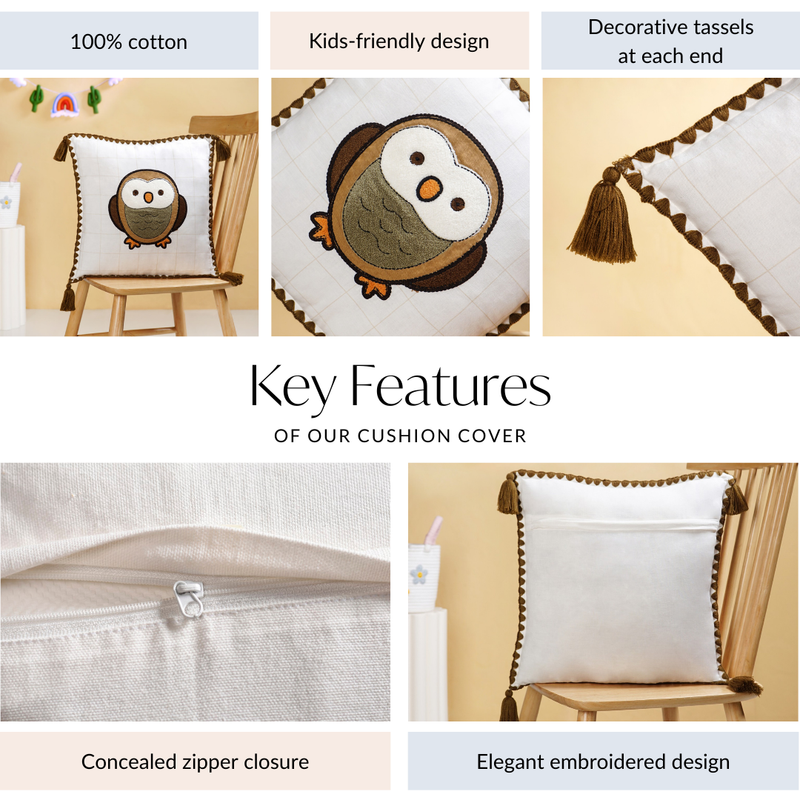 Woodland Owl Embroidered Cushion Cover With Tassels 42x42cm