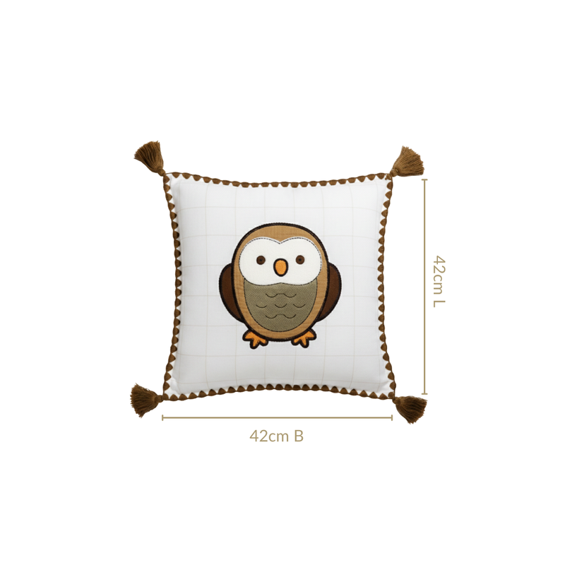 Woodland Owl Embroidered Cushion Cover With Tassels 42x42cm