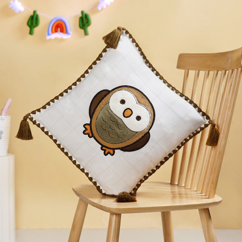 Woodland Owl Embroidered Cushion Cover With Tassels 42x42cm