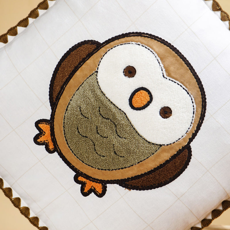 Woodland Owl Embroidered Cushion Cover With Tassels 42x42cm