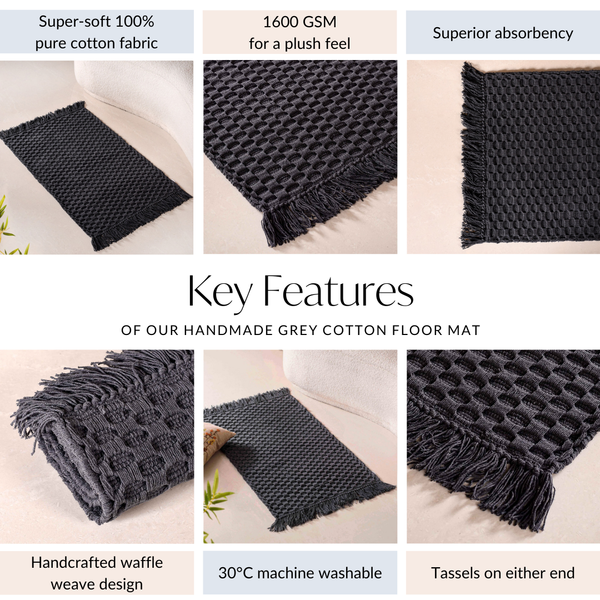 Ultra Soft Waffle Weave Handmade Cotton Floor Mat Grey 37x20 Inch