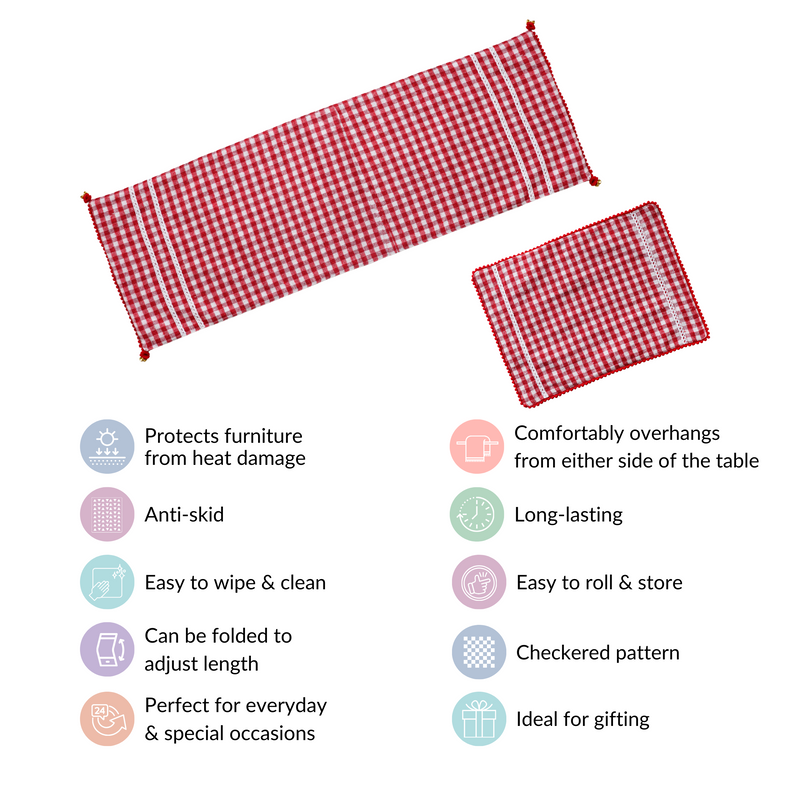 Red Checkered Cotton Table Runner With 6 Table Mats