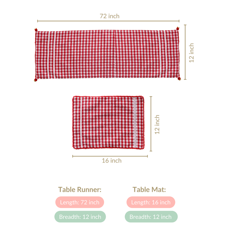 Red Checkered Cotton Table Runner With 6 Table Mats
