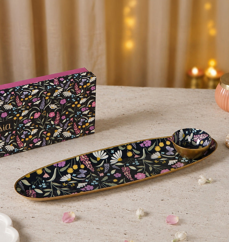 Floral Printed Platter With Dip Bowl Set Of 2 In Gift Box