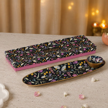 Floral Printed Platter With Dip Bowl Set Of 2 In Gift Box