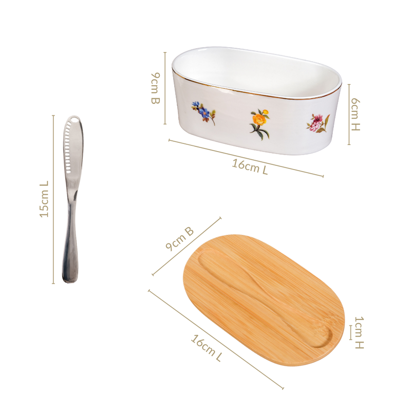 Floral Ceramic Butter Dish With Lid And Knife