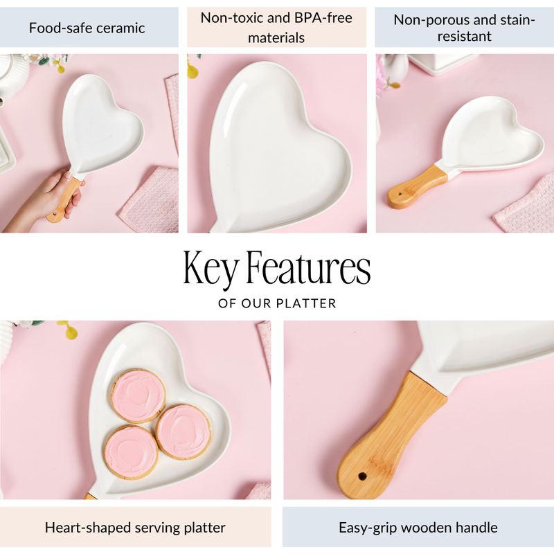 Heart Ceramic Serving Platter With Wooden Handle