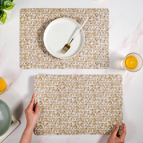 Yellow And White Intrecciato Weave Rectangular Table Mat Set Of 6