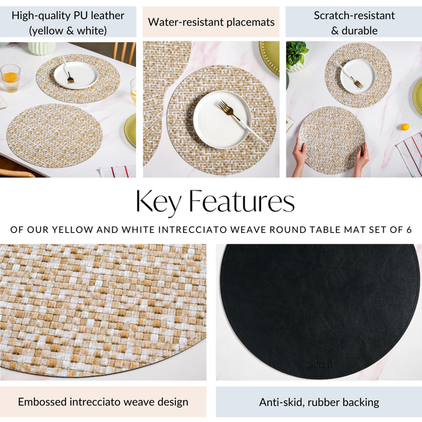 Yellow And White Intrecciato Weave Round Table Mat Set Of 6