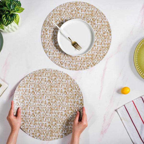 Yellow And White Intrecciato Weave Round Table Mat Set Of 6