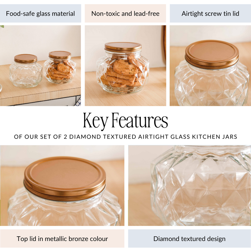 Diamond Airtight Glass Kitchen Jar Set Of 2 For Cookies Snacks 1800ml
