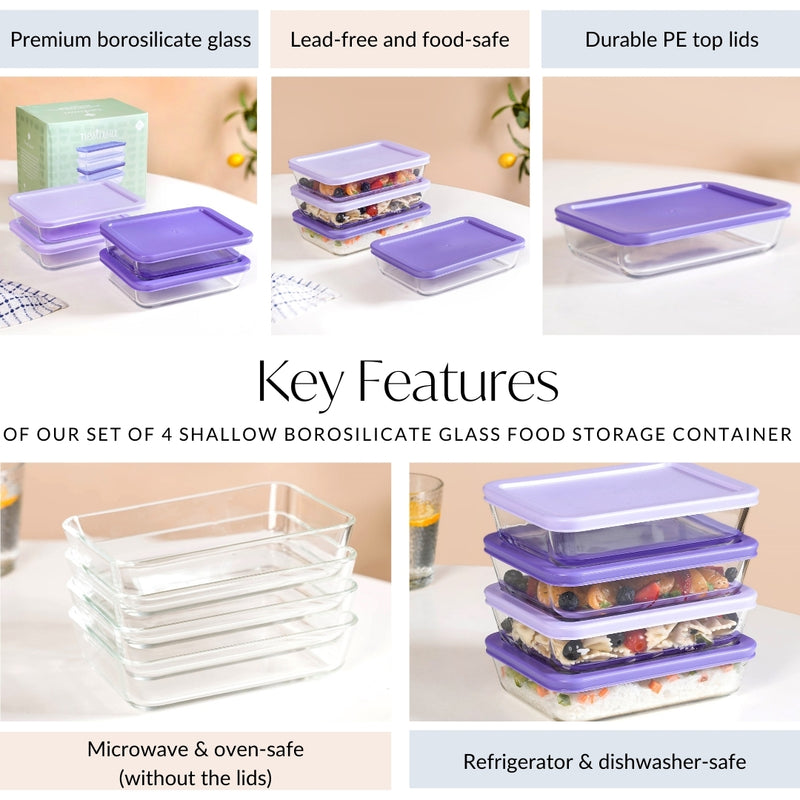 Set Of 4 Shallow Borosilicate Glass Food Storage Container 700ml