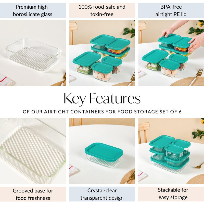 Groovo Airtight Containers For Food Storage Set Of 6 S 310ml M 520ml L 750ml XL 1200ml