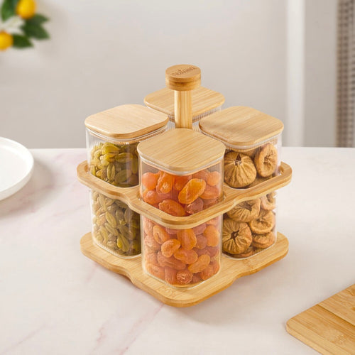 Fluted Storage Airtight Jar With Rotating Stand Set Of 5 750ml